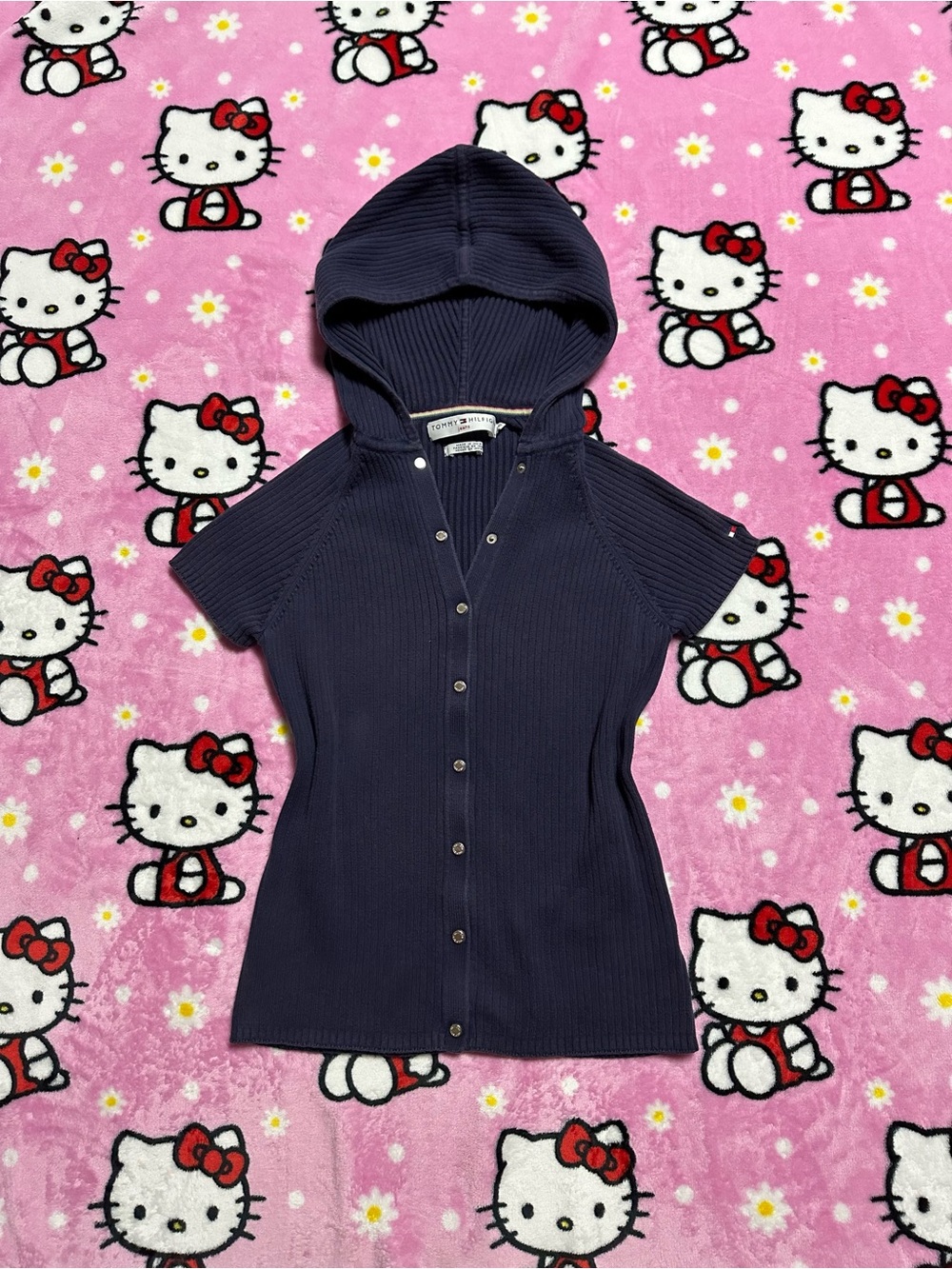 Tommy Hilfiger Navy Ribbed Hooded Button-Up Top
